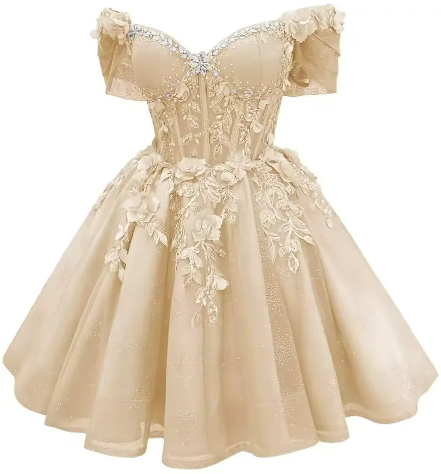 Short Off Shoulder DAMA Dresses Purple Tulle Homecoming Dresses 3D Floral Lace