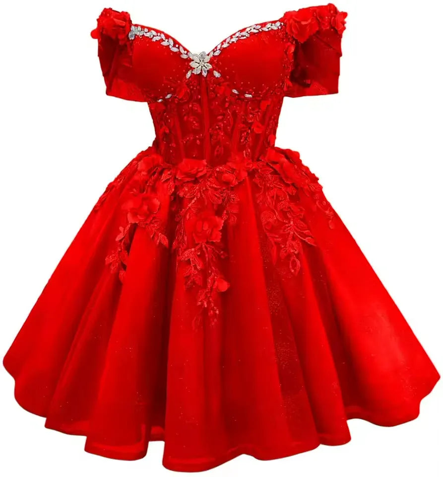 Short Off Shoulder DAMA Dresses Purple Tulle Homecoming Dresses 3D Floral Lace
