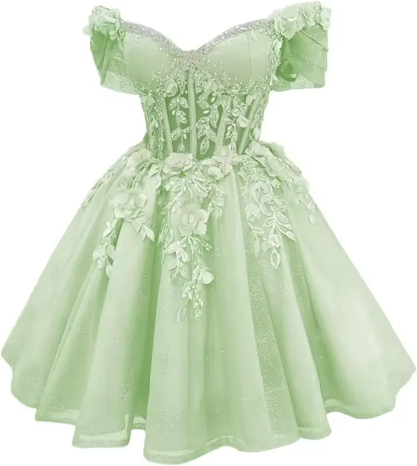 Short Emerald Green Off Shoulder Homecoming Dresses Lace Tulle Beaded