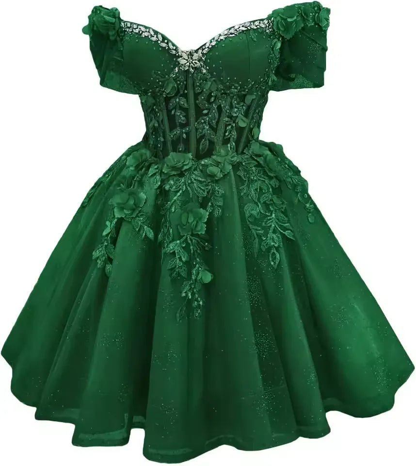 Short Emerald Green Off Shoulder Homecoming Dresses Lace Tulle Beaded
