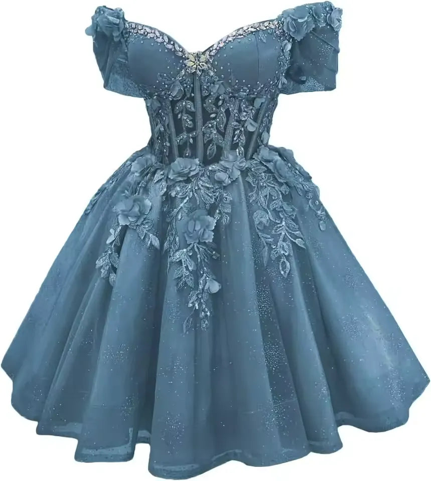 Short Emerald Green Off Shoulder Homecoming Dresses Lace Tulle Beaded