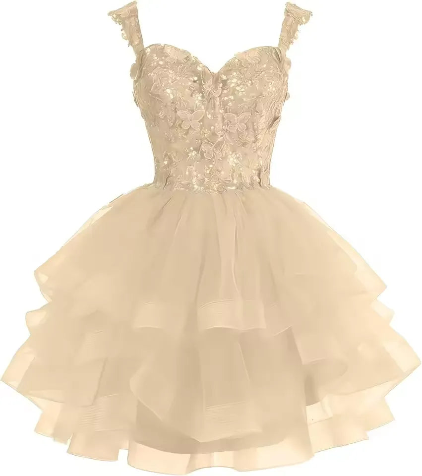 Short Off Shoulder Tiered Tulle Gold Homecoming Dress 3D Butterfly Quinceanera DAMA Dress