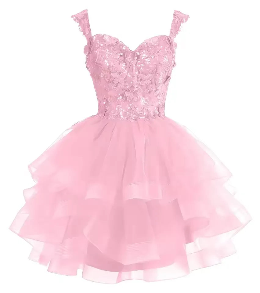 Short Off Shoulder Tiered Tulle Gold Homecoming Dress 3D Butterfly Quinceanera DAMA Dress