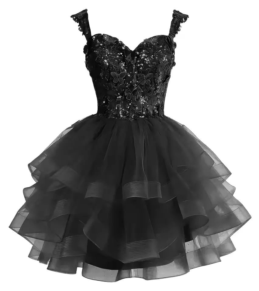Short Off Shoulder Tiered Tulle Gold Homecoming Dress 3D Butterfly Quinceanera DAMA Dress