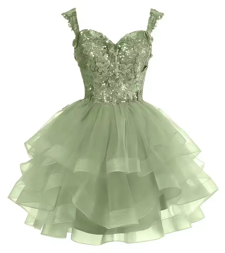 Short Off Shoulder Tiered Tulle Gold Homecoming Dress 3D Butterfly Quinceanera DAMA Dress