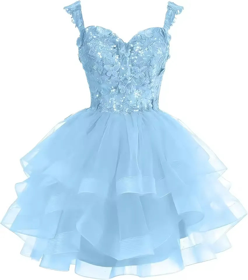 Short Off Shoulder Tiered Tulle Gold Homecoming Dress 3D Butterfly Quinceanera DAMA Dress