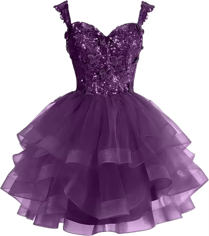 Short Off Shoulder Tiered Tulle Gold Homecoming Dress 3D Butterfly Quinceanera DAMA Dress