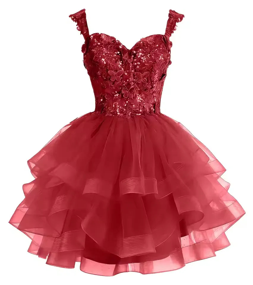 Short Off Shoulder Tiered Tulle Gold Homecoming Dress 3D Butterfly Quinceanera DAMA Dress