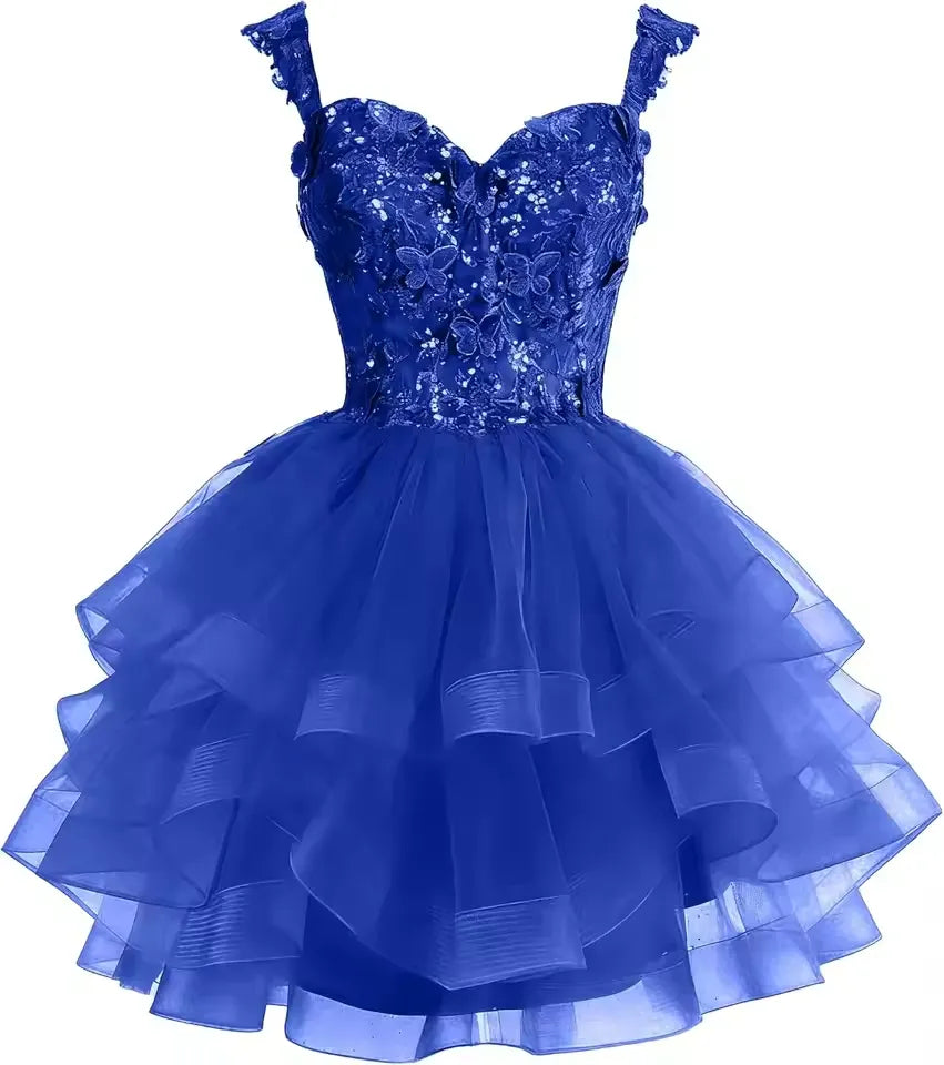Short Off Shoulder Tiered Tulle Gold Homecoming Dress 3D Butterfly Quinceanera DAMA Dress