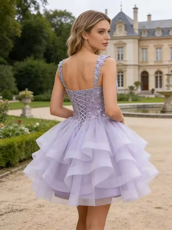 Short Off Shoulder Tiered Tulle Gold Homecoming Dress 3D Butterfly Quinceanera DAMA Dress
