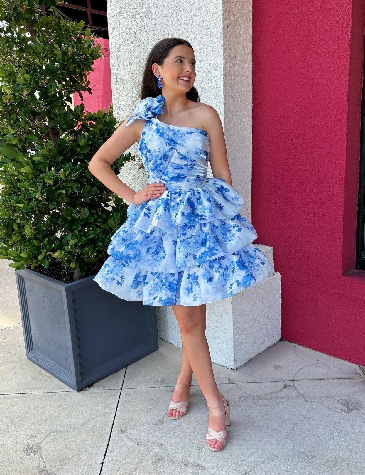 Short One Shoulder Blue Floral Homecoming Dress Tiered with Flower