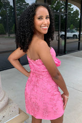 Short Pink Lace Homecoming Dress Sweetheart Bodycon with Bow