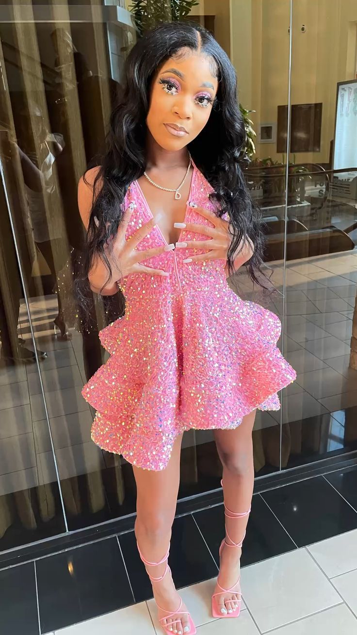 Short pink Sequin Tiered Homecoming Dress Mychicdress