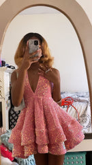 Short pink Sequin Tiered Homecoming Dress Mychicdress