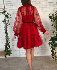 Red polka dot party dress with sheer sleeves