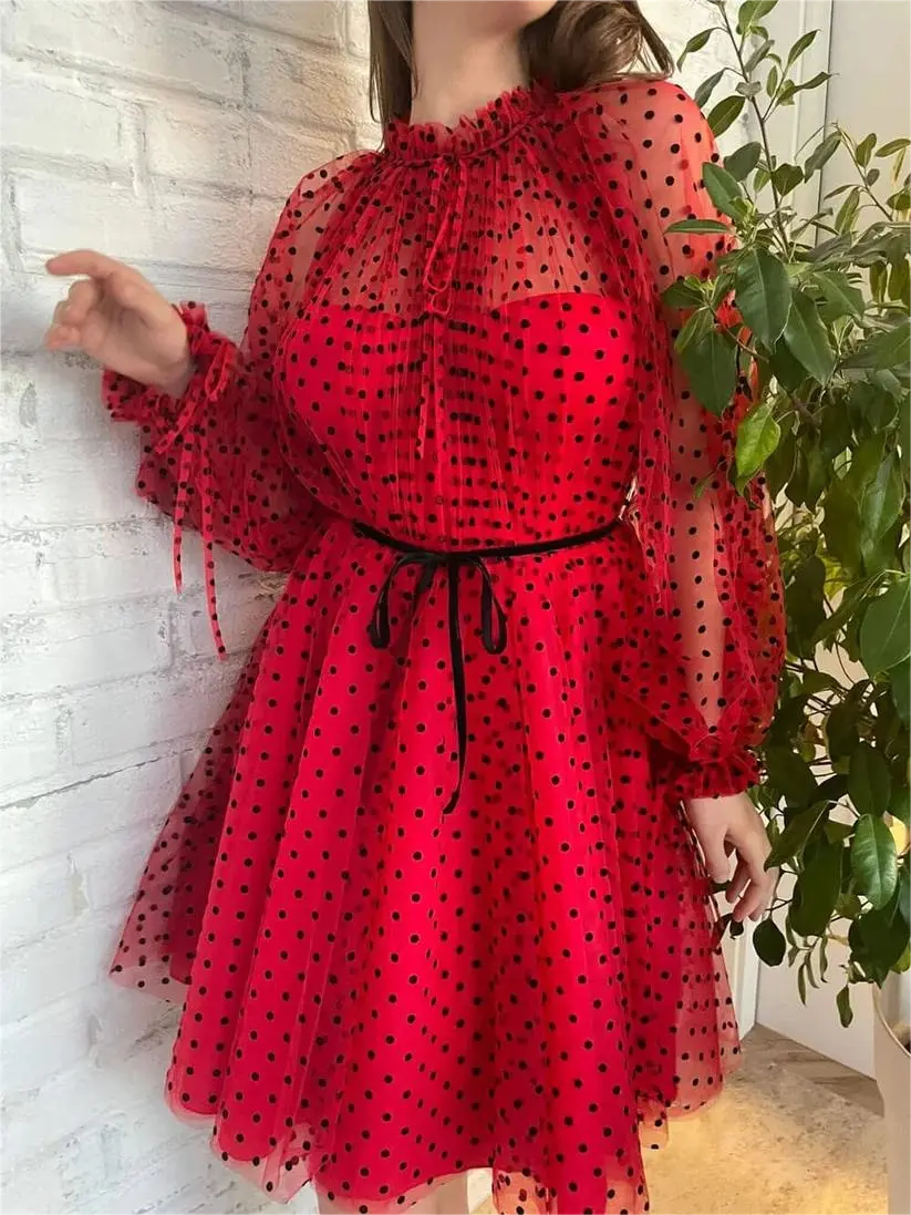 Short Polka Dot Red Prom Dress Long Sleeve Tulle Homecoming Dress