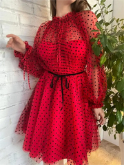 Short Polka Dot Red Prom Dress Long Sleeve Tulle Homecoming Dress