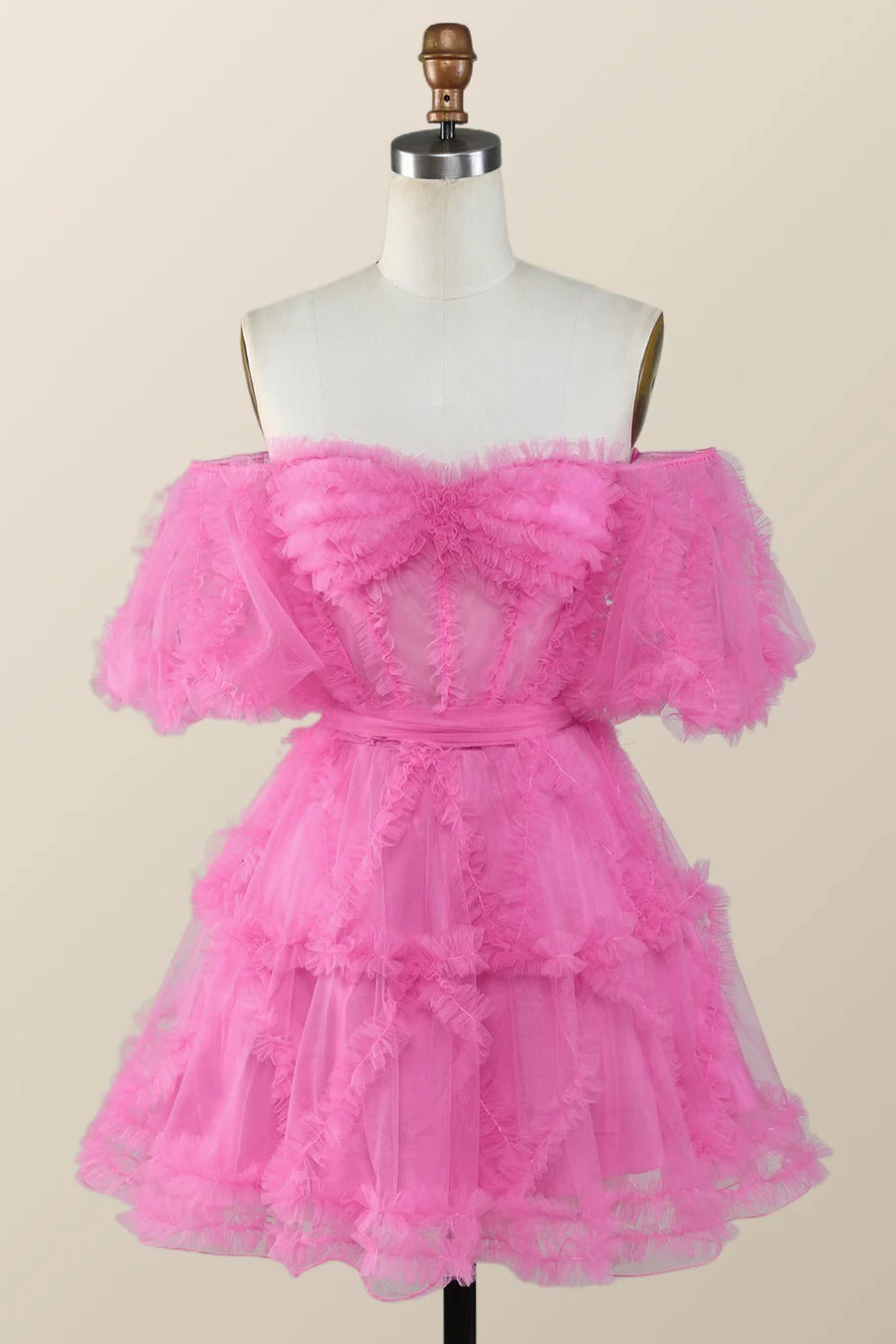 Short Ruffles Homecoming Dress pink Tulle Off the Shoulder Mychicdress