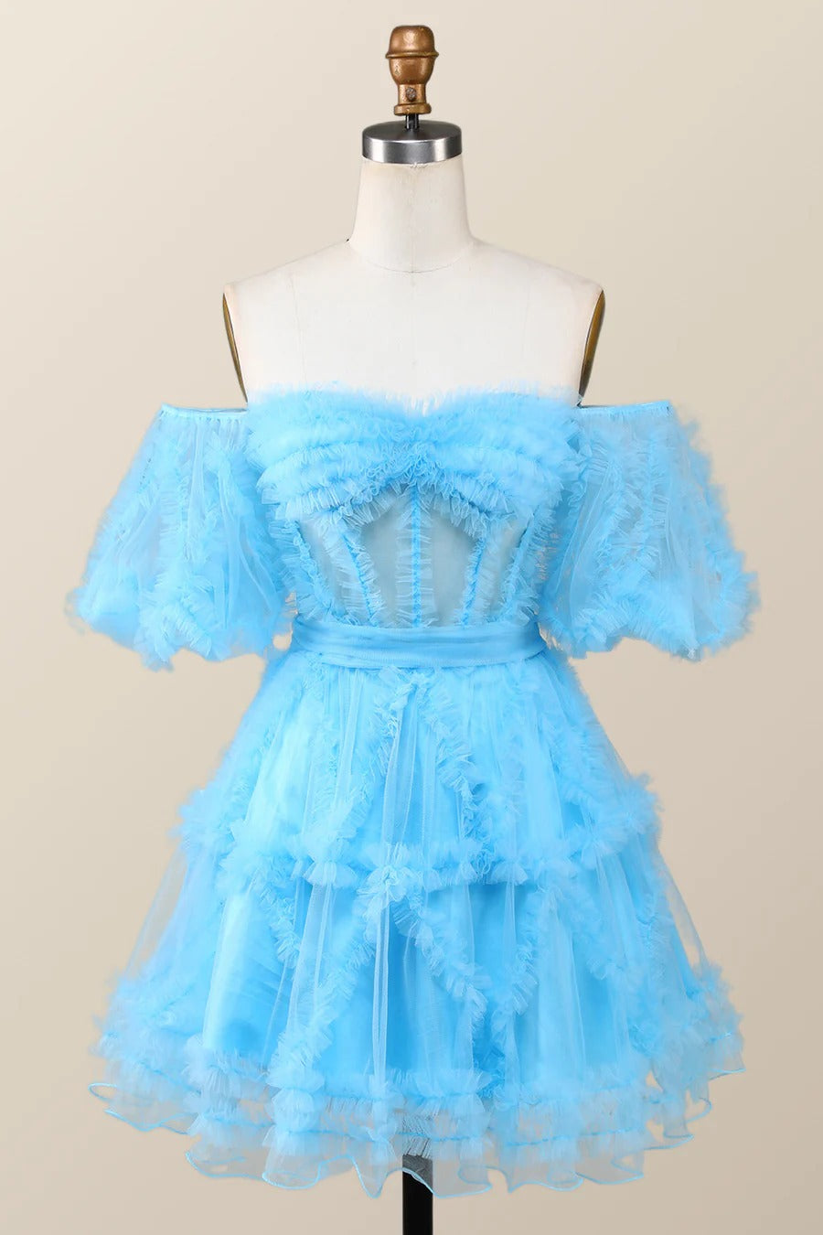 Short Ruffles Homecoming Dress blue Tulle Off the Shoulder Mychicdress