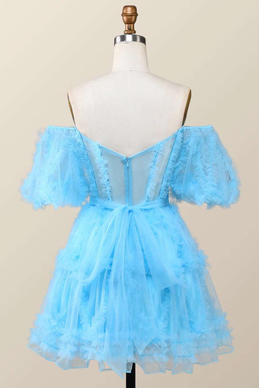 Short Ruffles Homecoming Dress blue Tulle Off the Shoulder Mychicdress