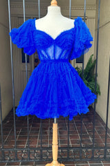 Short Ruffles Homecoming Dress royal blue Tulle Off the Shoulder Mychicdress