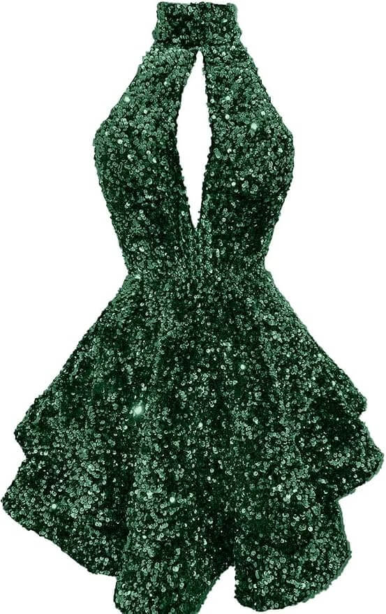 Short Sequin Halter Hoco Dresses Mini Backless Tight Cocktail Dresses