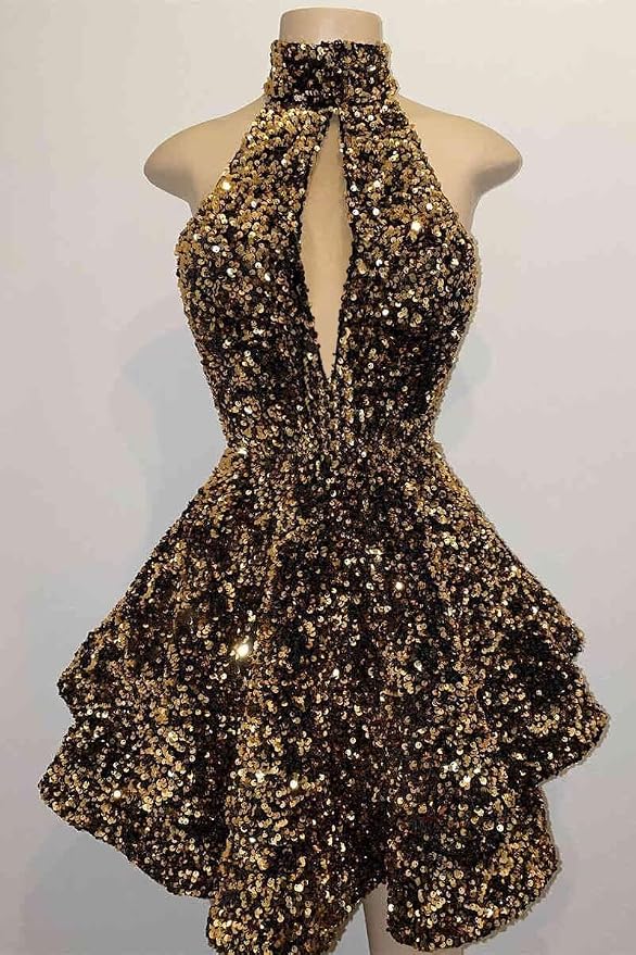 Short Sequin Halter Hoco Dresses Mini Backless Tight Cocktail Dresses