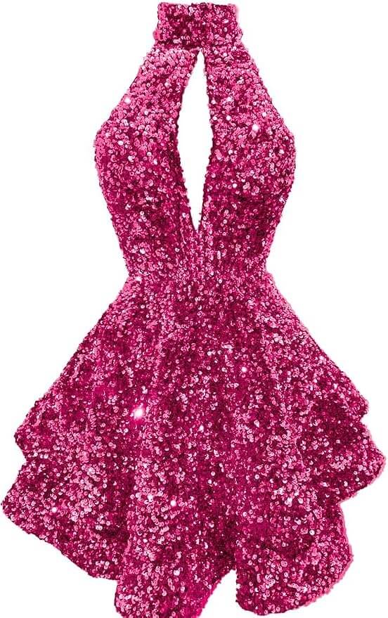 Short Sequin Halter Hoco Dresses Mini Backless Tight Cocktail Dresses