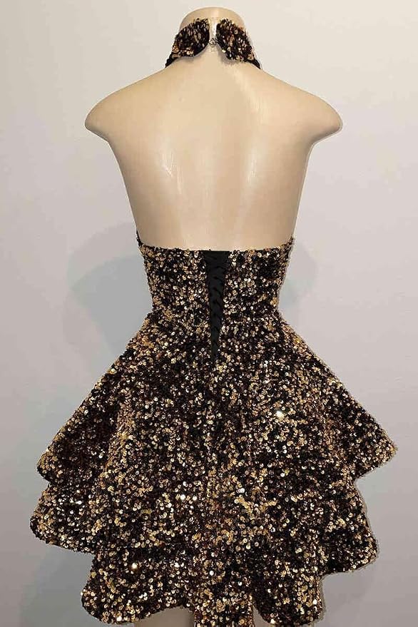Short Sequin Halter Hoco Dresses Mini Backless Tight Cocktail Dresses