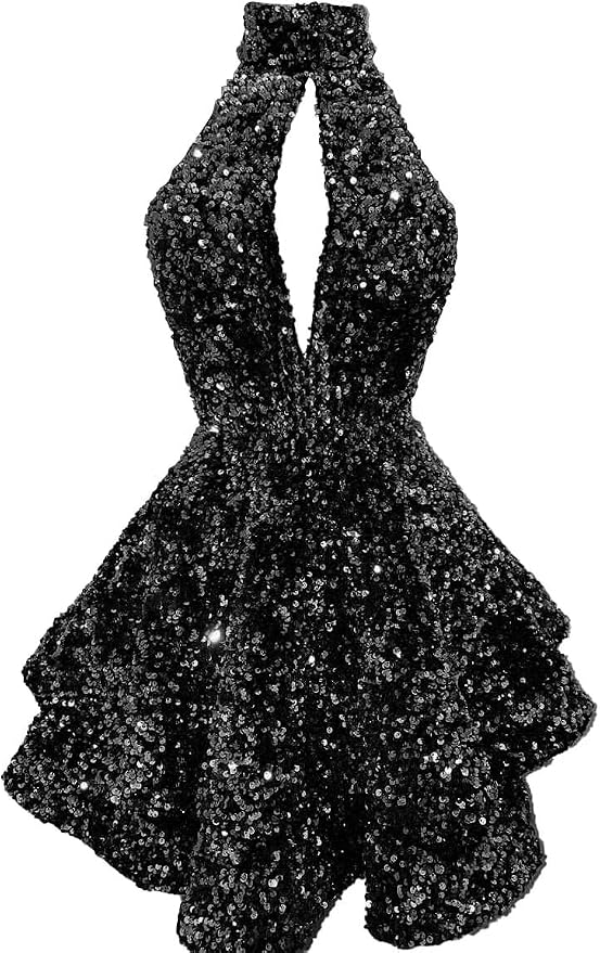 Short Sequin Halter Hoco Dresses Mini Backless Tight Cocktail Dresses