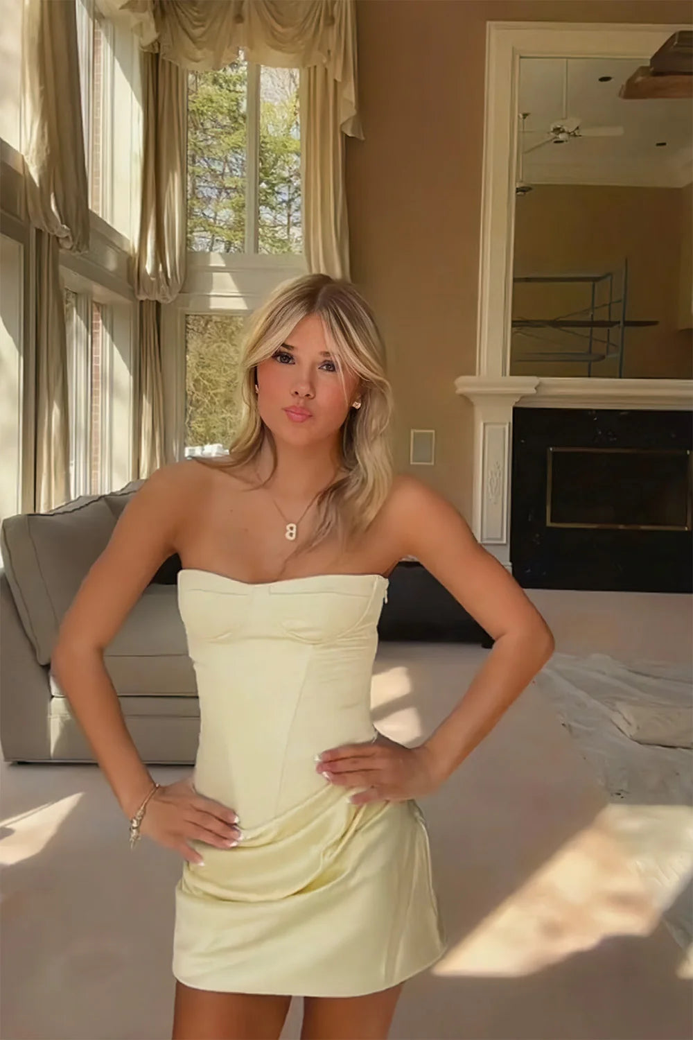 Short Strapless Mini Satin Yellow Homecoming Dress with Corset Bodice