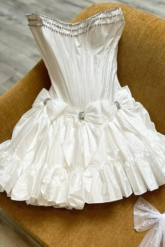 Short Strapless white Homecoming Dress Satin Beaded with Bow Mychicdress
