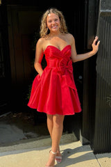 Short Sweetheart Red Hoco Dress Satin Sweet 16 Damas Dress with Bow