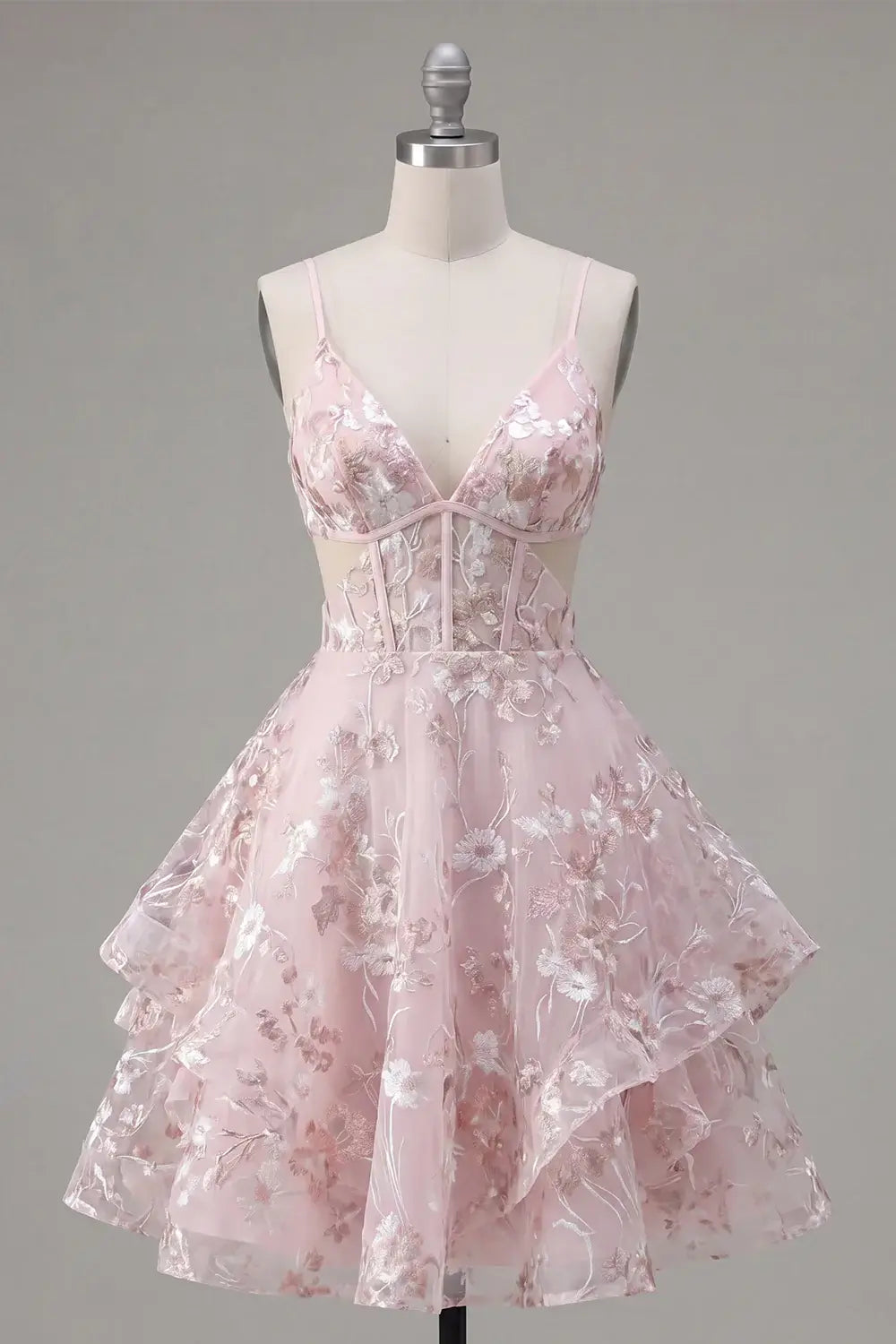 Short V-Neck Corset Floral Pink Homecoming Dress A Line