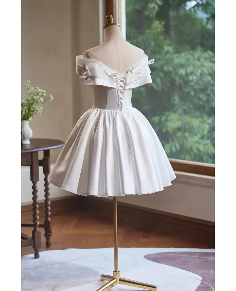 Short White Hoco Dress Off Shoulder Satin A Line Grad Dress Butterfly