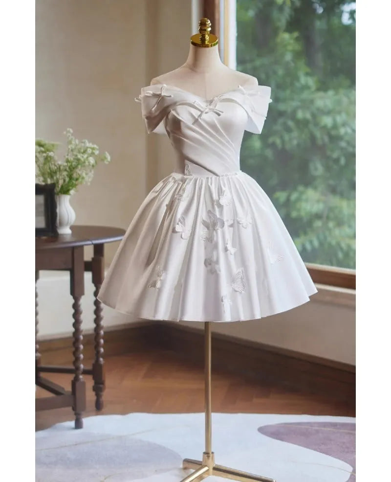 Short White Hoco Dress Off Shoulder Satin A Line Grad Dress Butterfly
