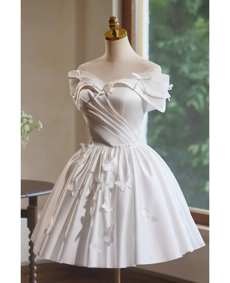 Short White Hoco Dress Off Shoulder Satin A Line Grad Dress Butterfly