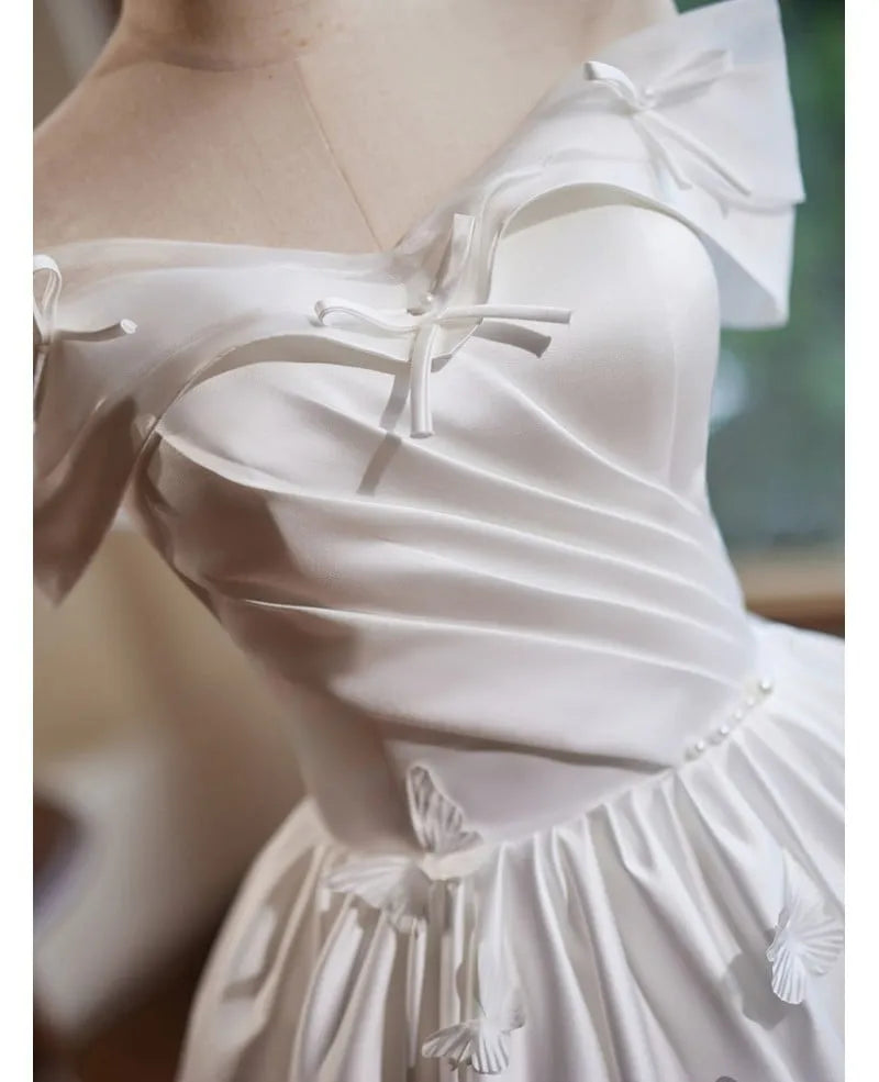 Short White Hoco Dress Off Shoulder Satin A Line Grad Dress Butterfly