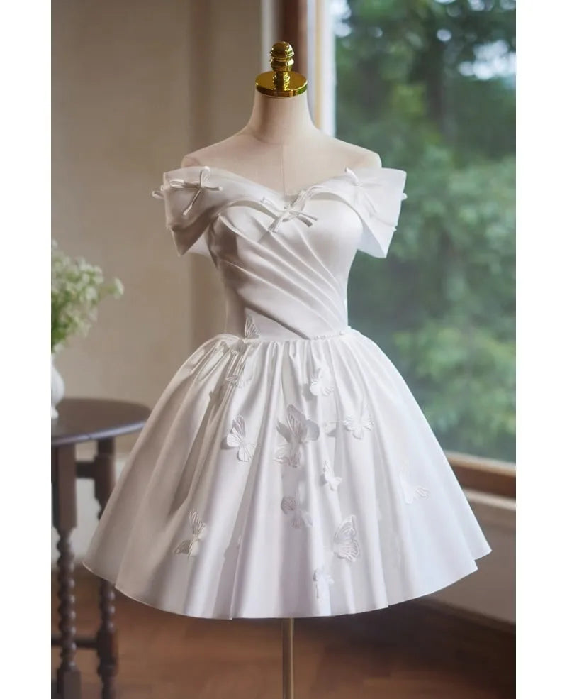 Short White Hoco Dress Off Shoulder Satin A Line Grad Dress Butterfly