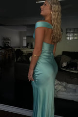 Silk Satin Teal Formal Wedding Guest Dress Off the Shoulder Mychicdress