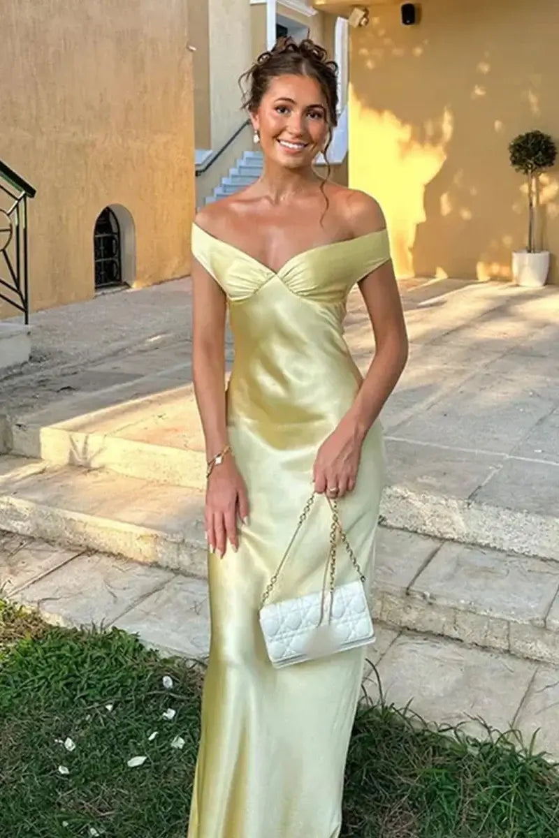 Silk Satin Blue Formal Wedding Guest Dress Off the Shoulder