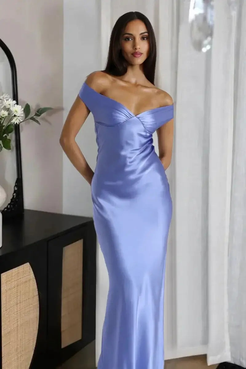 Silk Satin Blue Formal Wedding Guest Dress Off the Shoulder