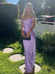 Silk Satin purple Formal Wedding Guest Dress Off the Shoulder Mychicdress