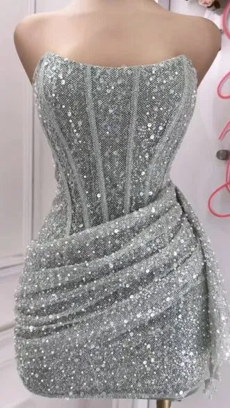 Vestido de fiesta con corsé, sin tirantes y con lentejuelas rosas brillantes