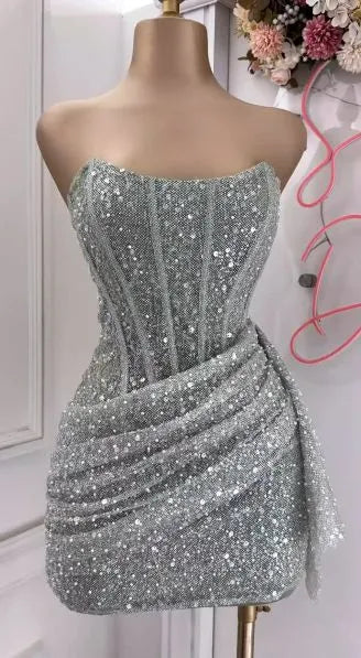 Vestido de fiesta con corsé, sin tirantes y con lentejuelas rosas brillantes