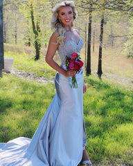 Royal Blue Mermaid Strapless Prom Dress 2025 Lace Applique High Slit Pleated - MyChicDress