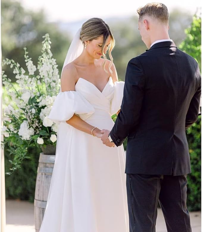 Simple Beach Strapless Satin Wedding Dresses for Women with Puff Sleeves Mychicdress