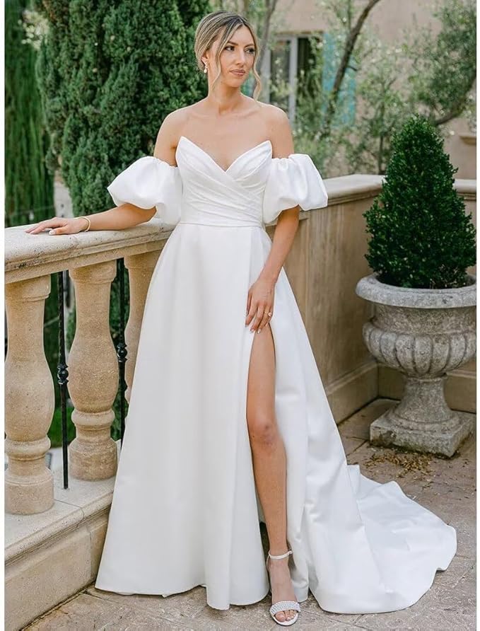 Simple Beach Strapless Satin Wedding Dresses for Women with Puff Sleeves Mychicdress