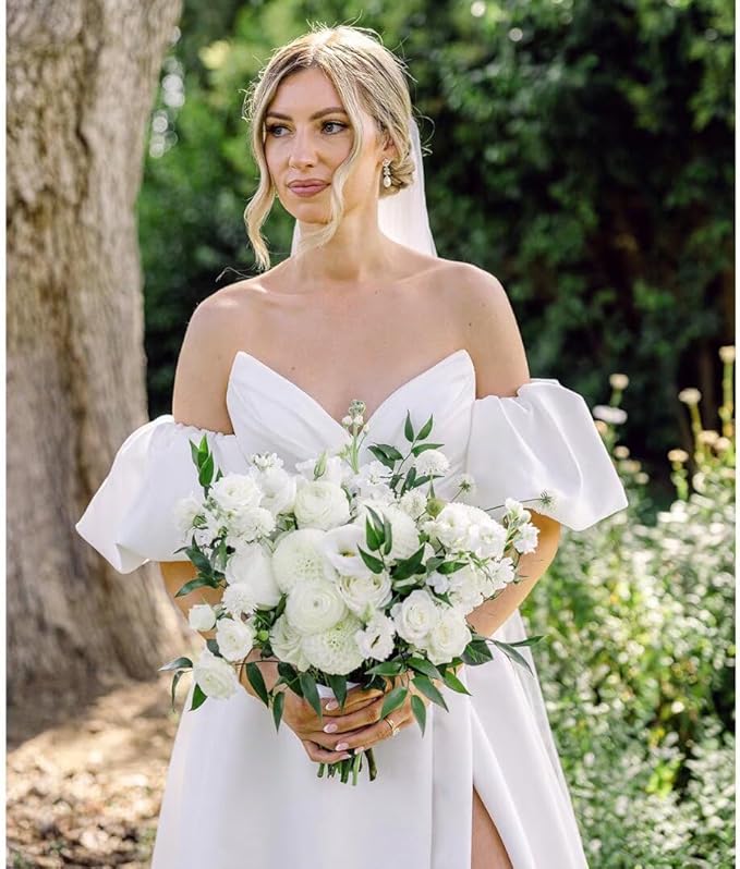 Simple Beach Strapless Satin Wedding Dresses for Women with Puff Sleeves Mychicdress