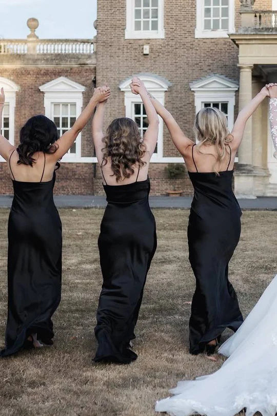 Simple Black Bridesmaid Dress Beach Satin Spaghetti Straps Cowl Neck